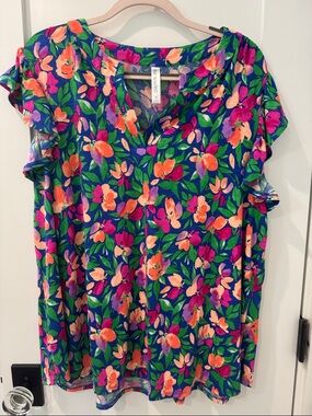 Colorful Floral V-Neck Flutter Sleeve Blouse - Royal Blue